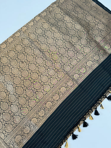 Banarasi Katan Brocade Pure Silk Saree | Black | Gold Zari | Handwoven | Silk Mark Certified | Ships from California